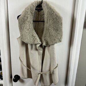 Armani Exchange Faux Fur Suede Vest L – Cream Beige Sherpa Lined Belted